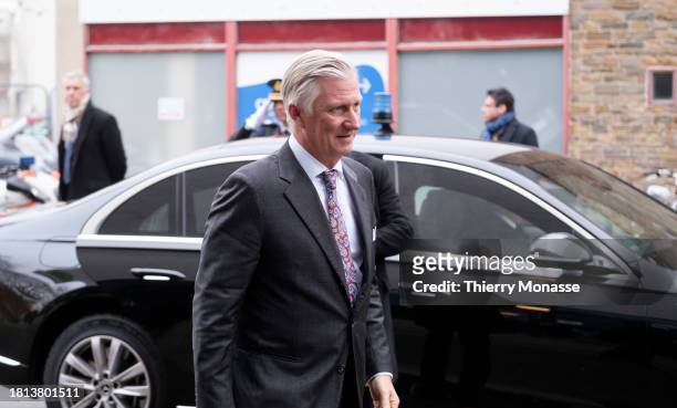 Belgium King Philippe of Belgium arrives for a ceremony on the occasion of the 120th anniversary of the ULB faculty on November 30, 2023 in Brussels,...