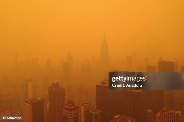 An aerial view of a hazy, smoky sky due to the Canadian wildfires in New York City, United States, on June 7, 2023.