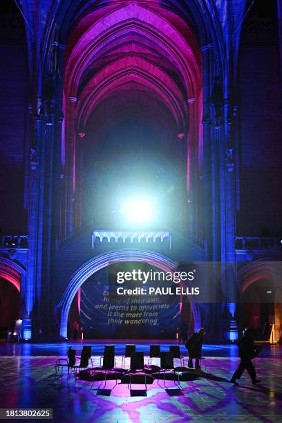 Light and sound show created by Luxmuralis, "The Light Before Christmas: The Manger" is displayed in Liverpool Cathedral on November 30, 2023 in...