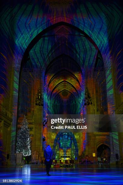 Light and sound show created by Luxmuralis, "The Light Before Christmas: The Manger" is displayed in Liverpool Cathedral on November 30, 2023 in...