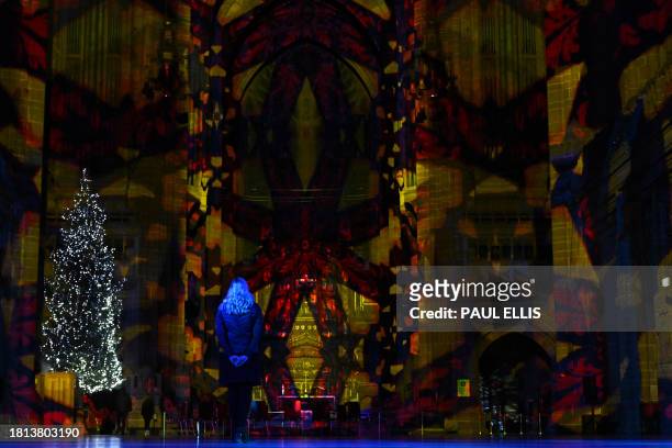 Light and sound show created by Luxmuralis, "The Light Before Christmas: The Manger" is displayed in Liverpool Cathedral on November 30, 2023 in...