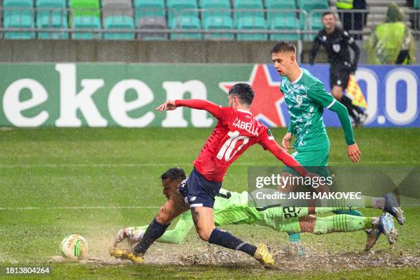 Lille's French midfielder Remy Cabella shoots past Olimpija's diving Slovenian goalkeeper Denis Pintol to score Lille's first goal during the UEFA...