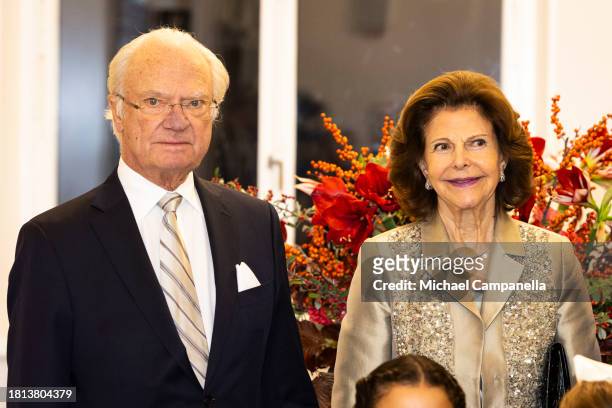 King Carl XVI Gustaf of Sweden and Queen Silvia of Sweden attend a concert on the occasion of the Queen's 80th Birthday at Lilla Akademien Music...