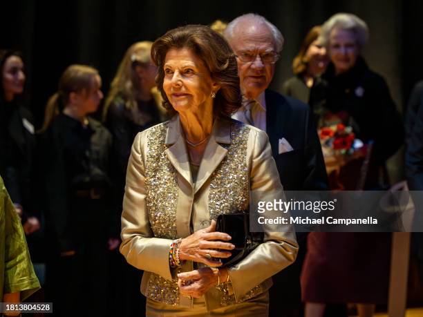 Queen Silvia of Sweden attends a concert on the occasion of the Queen's 80th Birthday at Lilla Akademien Music School on November 30, 2023 in...