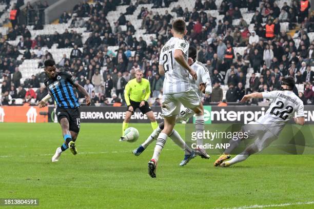 Raphael Onyedika of Club Brugge scores during the UEFA Conference League group D match between Besiktas JK and Club Brugge at Besiktas Park on...