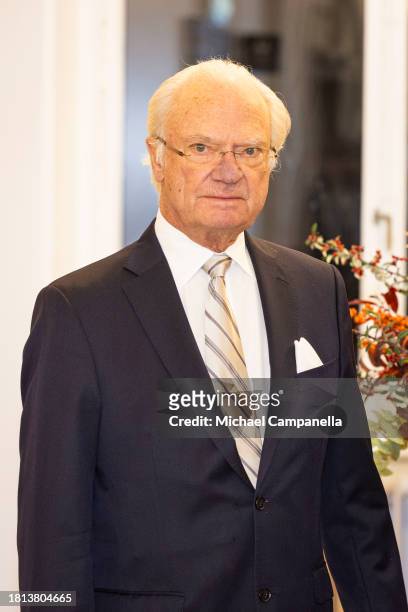 King Carl XVI Gustaf of Sweden attends a concert on the occasion of the Queen's 80th Birthday at Lilla Akademien Music School on November 30, 2023 in...