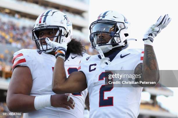 Wide receiver Jacob Cowing of the Arizona Wildcats reacts during the first half of the NCAAF game against the Arizona State Sun Devils at Mountain...