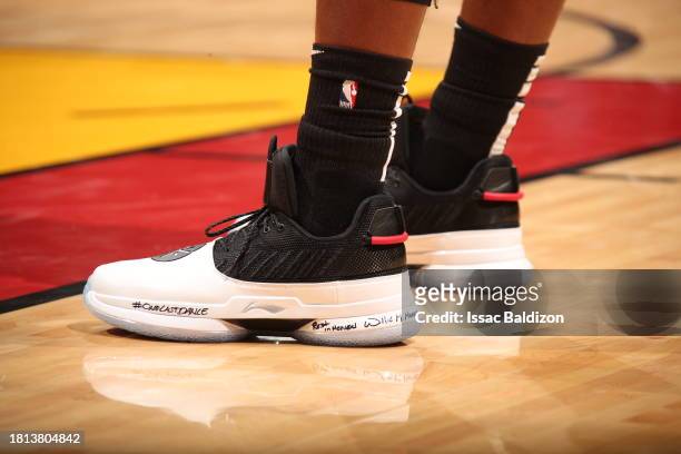 View of the sneakers worn by Dwyane Wade of the Miami Heat against the Portland Trail Blazers on October 27, 2018 at American Airlines Arena in...