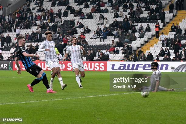 Andreas Skov Olsen of Club Brugge scores during the UEFA Conference League group D match between Besiktas JK and Club Brugge at Besiktas Park on...