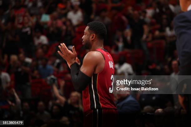Dwyane Wade of the Miami Heat looks on against the Portland Trail Blazers on October 27, 2018 at American Airlines Arena in Miami, Florida. NOTE TO...