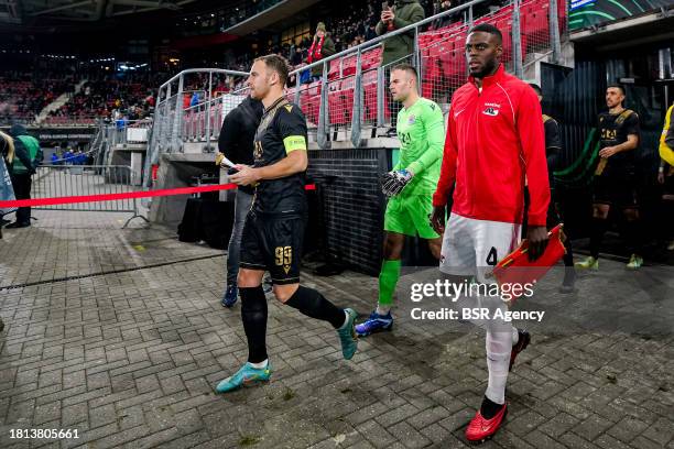 Nemanja Bilbija of HSK Zrinjski and Bruno Martinis Indi of AZ Alkmaar walking onto the pitch prior to kick-off during the Group E - UEFA Europa...