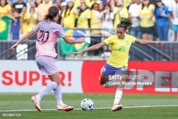Priscila of Brazil scores the team's fourth goal during the Women's International Friendly between Brazil and Japan at Neo Quimica Arena on November...
