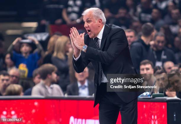 Zeljko Obradovic, Head Coach of Partizan Mozzart Bet Belgrade reacts during the Turkish Airlines EuroLeague Regular Season Round 11 match between...