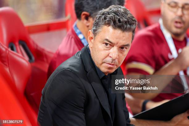 Marcelo Gallardo, coach of Al Ittihad, looks on during the Saudi Pro League match between Al-Ittihad and Al-Khaleej at King Abdulaziz Sport City...