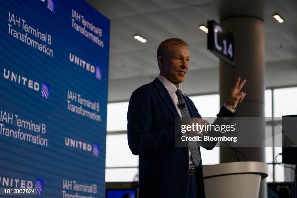 Scott Kirby, chief executive officer of United Airlines Holdings Inc., during a news conference at George Bush Intercontinental Airport in Houston,...