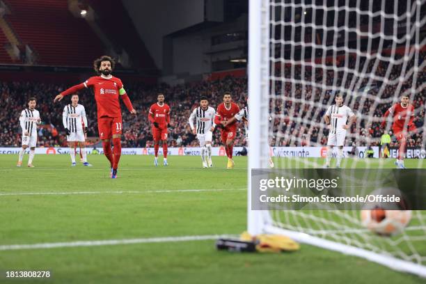 Mohamed Salah of Liverpool scores their 3rd goal with a penalty during the UEFA Europa League Group E match between Liverpool FC and LASK at Anfield...