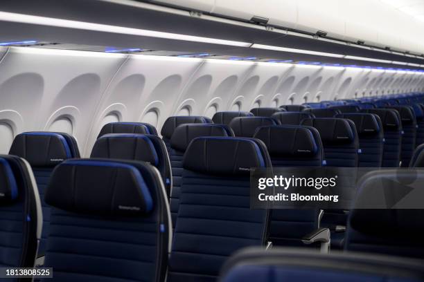 Economy Plus seating on an Airbus SE A321 Neo aircraft, operated by United Airlines, during a media tour at George Bush Intercontinental Airport in...