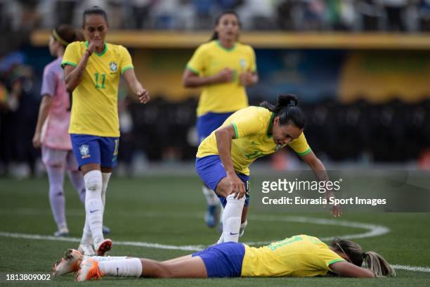 Marta Vieira da Silva of Brazil celebrates with winning goal scorer Priscila Flor da Silva of Brazil during the International Women's Friendly match...