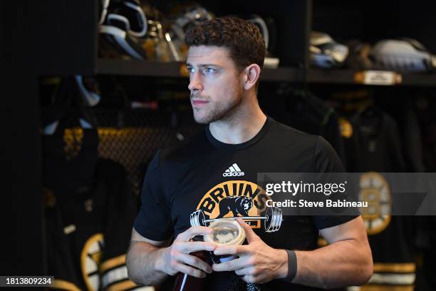 Charlie Coyle of the Boston Bruins in the locker room before the game against the San Jose Sharks on November 30, 2023 at the TD Garden in Boston,...