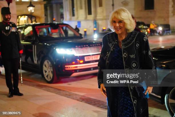 Queen Camilla arrives for the Rifles Awards Dinner at the City of London Guildhall on November 30, 2023 in London, England.