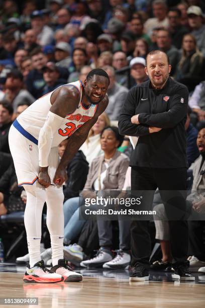 Julius Randle of the New York Knicks & Head Coach Tom Thibodeau of the New York Knicks looks on during the game on November 20, 2023 at Target Center...