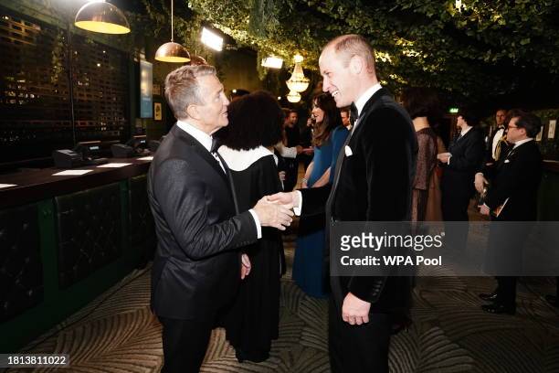 Prince William, Prince of Wales meets Bradley Walsh during the Royal Variety Performance at the Royal Albert Hall on November 30, 2023 in London,...