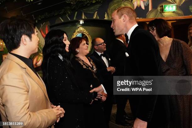 Prince William, Prince of Wales talks with Cher during the Royal Variety Performance at the Royal Albert Hall on November 30, 2023 in London, England.