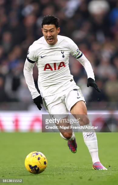 Heung-Min Son of Tottenham Hotspur on the ball during the Premier League match between Tottenham Hotspur and Aston Villa at Tottenham Hotspur Stadium...