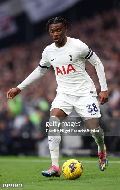 Destiny Udogie of Tottenham Hotspur on the ball during the Premier League match between Tottenham Hotspur and Aston Villa at Tottenham Hotspur...