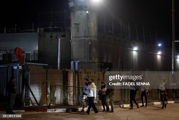 Red Cross delegation arrives outside the Israeli Ofer military prison located between Ramallah and Beitunia in the occupied West Bank on November 30...