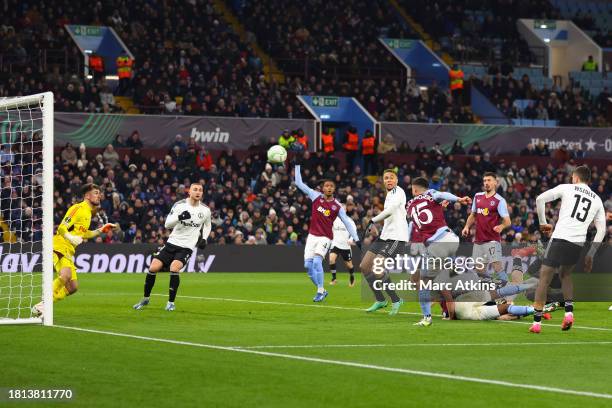 Alex Moreno of Aston Villa scores the winning goal during the UEFA Europa Conference League 2023/24 Group E match between Aston Villa FC and Legia...