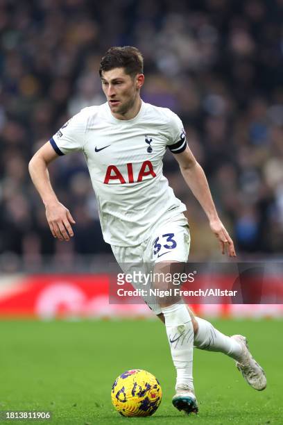 Ben Davies of Tottenham Hotspur on the ball during the Premier League match between Tottenham Hotspur and Aston Villa at Tottenham Hotspur Stadium on...
