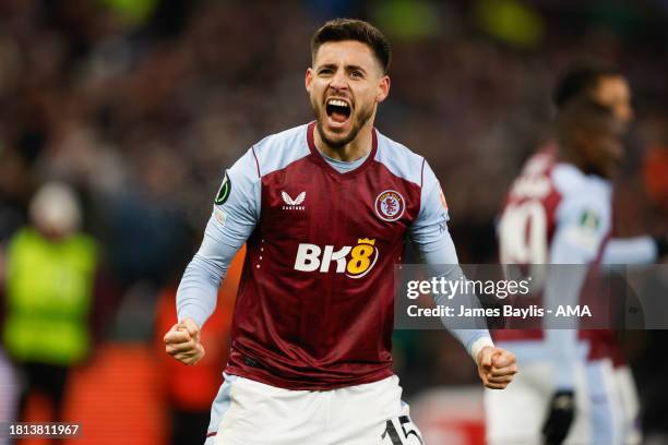 Alex Moreno of Aston Villa celebrates after scoring a goal to make it 2-1 during the UEFA Europa Conference League match between Aston Villa and...