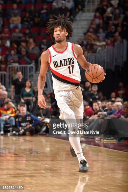 Shaedon Sharpe of the Portland Trail Blazers dribbles the ball during the game against the Cleveland Cavaliers on November 30, 2023 at Rocket...