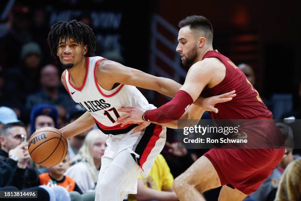 Shaedon Sharpe of the Portland Trail Blazers works against Max Strus of the Cleveland Cavaliers during the second half at Rocket Mortgage Fieldhouse...