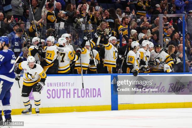 The Pittsburgh Penguins celebrates a goal by goalie Tristan Jarry against the Tampa Bay Lightning during the third period at Amalie Arena on November...