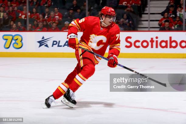 Martin Pospisil of the Calgary Flames skates against the Dallas Stars at Scotiabank Saddledome on November 30, 2023 in Calgary, Alberta, Canada.