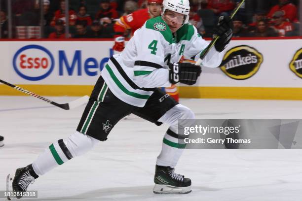 Miro Heiskanen of the Dallas Stars skates against the Calgary Flames at Scotiabank Saddledome In the first period on November 30, 2023 in Calgary,...