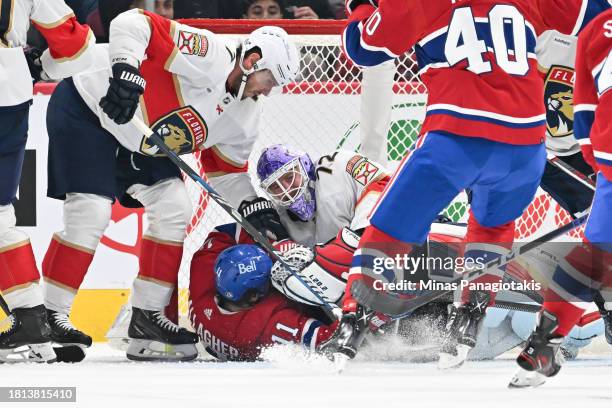 Brendan Gallagher of the Montreal Canadiens skates into goaltender Sergei Bobrovsky of the Florida Panthers during the third period at the Bell...