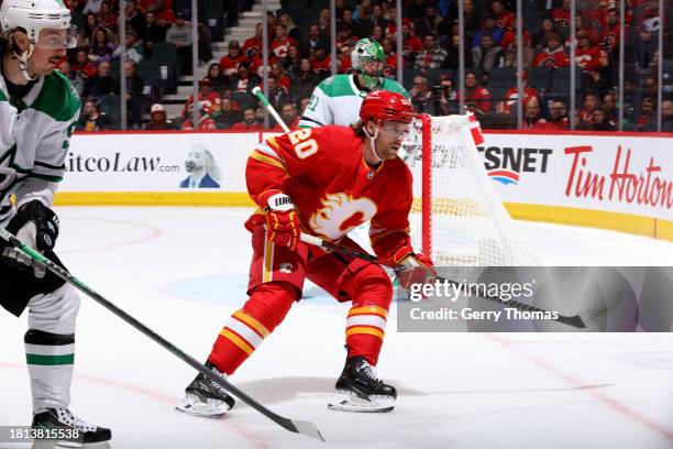 Blake Coleman of the Calgary Flames skates against the Dallas Stars at Scotiabank Saddledome in the first period on November 30, 2023 in Calgary,...