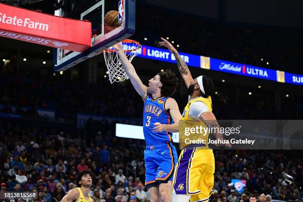 Josh Giddey of the Oklahoma City Thunder lays the ball off the glass during the second half against the Los Angeles Lakers at Paycom Center on...