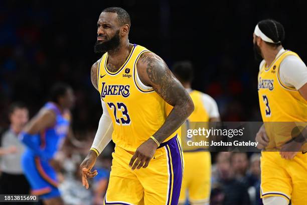 Lebron James of the Los Angeles Lakers reacts after a made basket during the second half against the Oklahoma City Thunder at Paycom Center on...