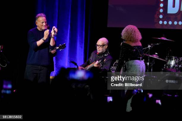 Bruce Springsteen and Darlene Love speak onstage at the DARLENE LOVE: Love for the Holidays event at The Town Hall on November 30, 2023 in New York,...