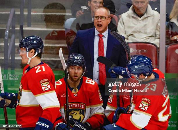 In this file photo, Florida Panthers coach Paul Maurice reacts during the game against the Winnipeg Jets in the second period at Amerant Bank Arena...