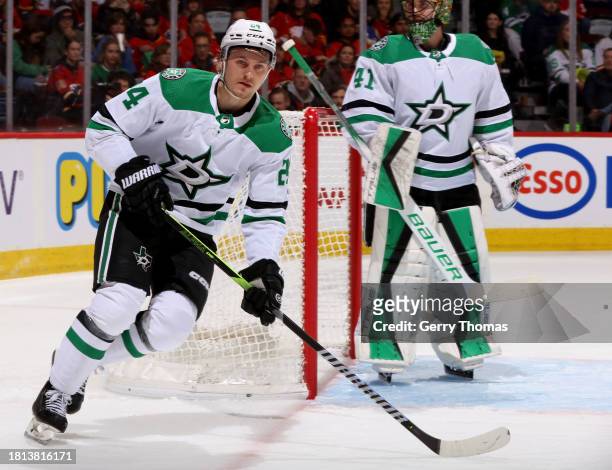 Roope Hints of the Dallas Stars skates against the Calgary Flames in the second period at Scotiabank Saddledome on November 30, 2023 in Calgary,...