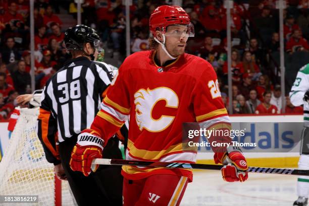 Blake Coleman of the Calgary Flames skates against the Dallas Stars in the second period at Scotiabank Saddledome on November 30, 2023 in Calgary,...