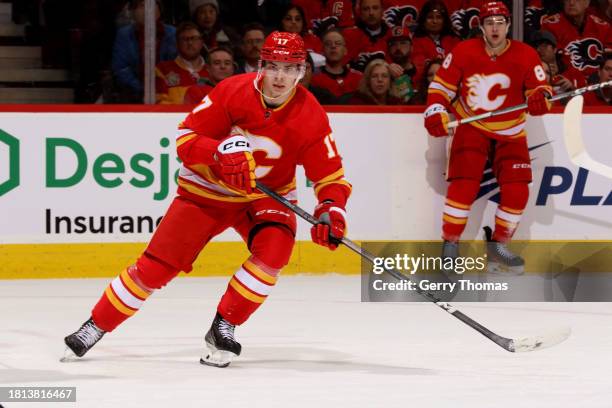 Yegor Sharangovich of the Calgary Flames skates against the Dallas Stars at Scotiabank Saddledome on November 30, 2023 in Calgary, Alberta, Canada.