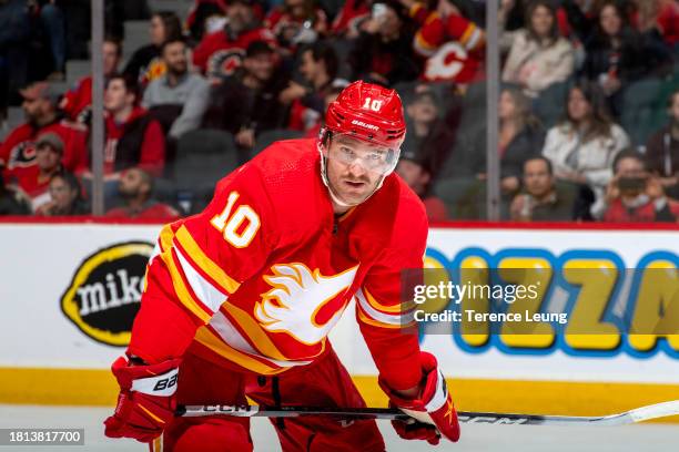 Jonathan Huberdeau of the Calgary Flames skates against the Dallas Stars in the third period at Scotiabank Saddledome on November 30, 2023 in...