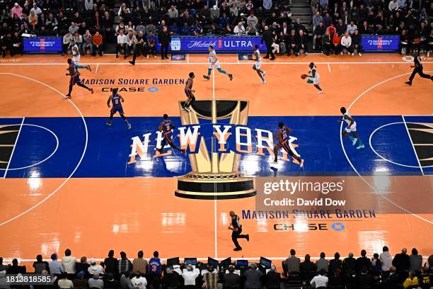 An overall shot of the New York Knicks In-Season Tournament court during the game against the Charlotte Hornets during the In-Season Tournament on...