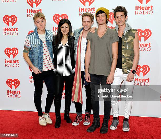 Musicians Brian Dales, Jess Bowen, Stephen Gomez, Josh Montgomery and John Gomez of The Summer Set attend the iHeartRadio Music Festival at the MGM...